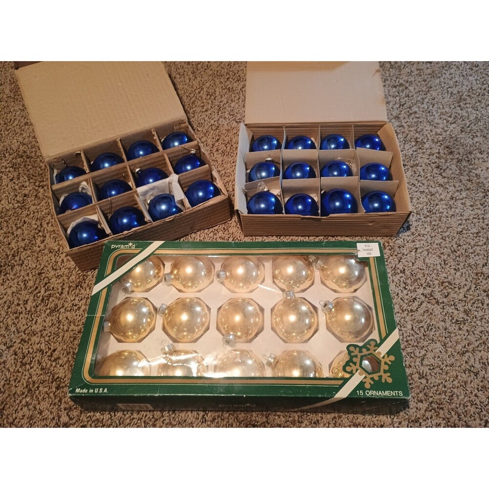 Lot of 39 Vintage Christmas Ornaments Round Glass Ball Solid Cobalt Blue, Gold